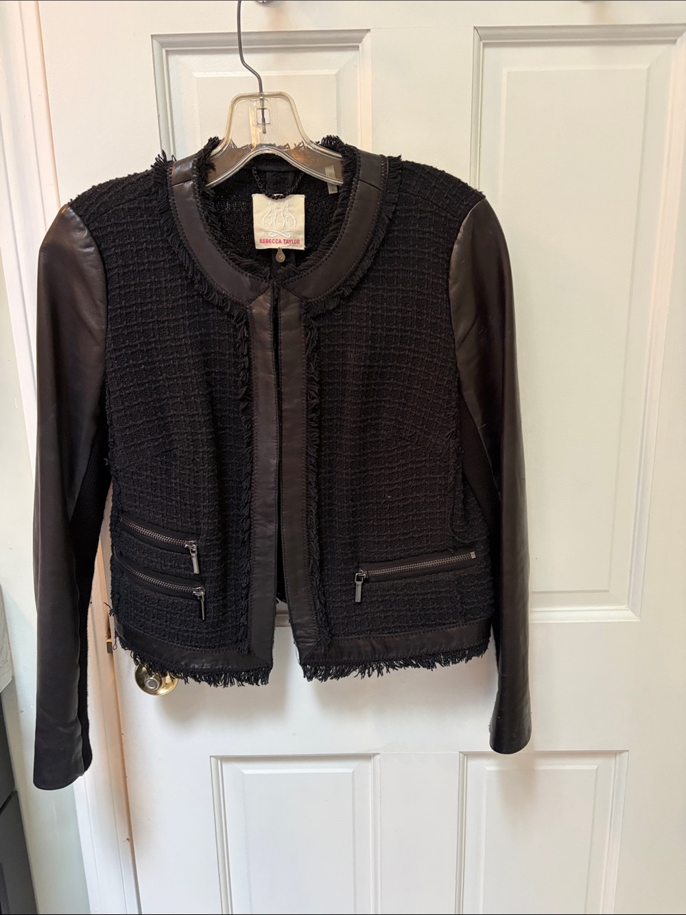 Rebecca Taylor Black Tweed Jacket with Leather Sleeves and Fringe Trim